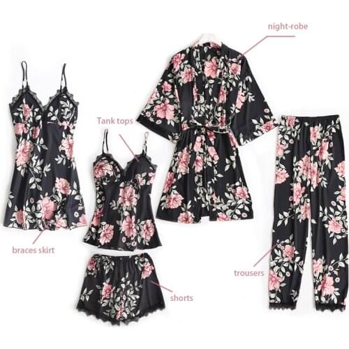 5 Piece Pajamas Set Sexy Lace Stain Women Pajamas Faux Silk Dressing Gown Lace Summer Robe Sleepwear With Chest Pads