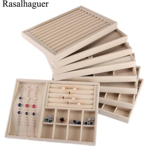 Beige Velvet Jewelry Case Jewellery Organizer Storage Box Watch Holder Necklaces Rings Earrings Pendants For Women Stand Series