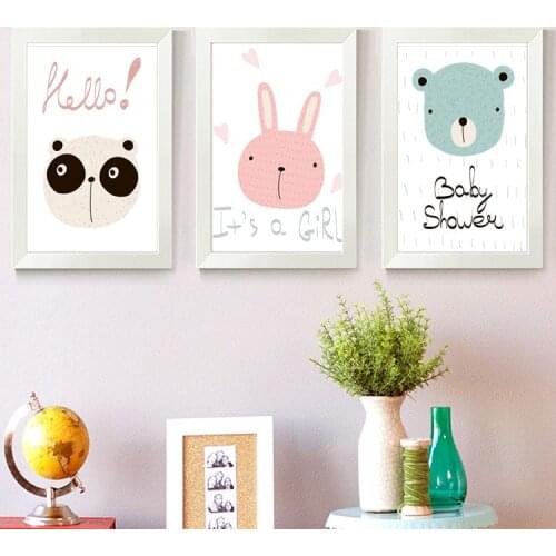 Nordic INS Cartoon Childrens Room Decorative Painting Lovely Princesss Room Hanging Painting Cartoon Animal Bear Rabbit Head