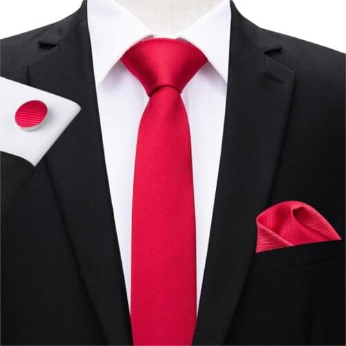 Hi-Tie 7 Colors Silk Slim Tie 5.5cm Wide Solid Red Slim Tie Set Necktie Casual Style Boy Suit Slim Tie Pocket Square Cufflinks