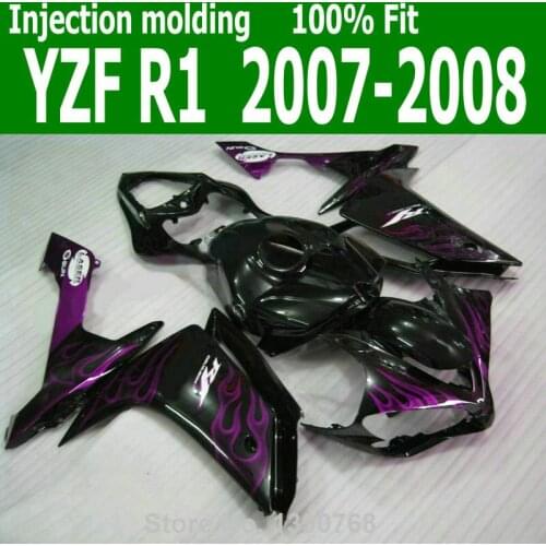 INJECTION Fairings For YAMAHA YZF R1 07 08 ( Black + pink / purple flame ) yzfri free shipping fairing kit CQ34