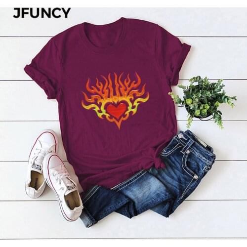 JFUNCY Plus Size Women Tops Flame Print Casual Woman Cotton T-shirt Summer Female Tee Shirt Oversize Short Sleeve Lady Tshirt