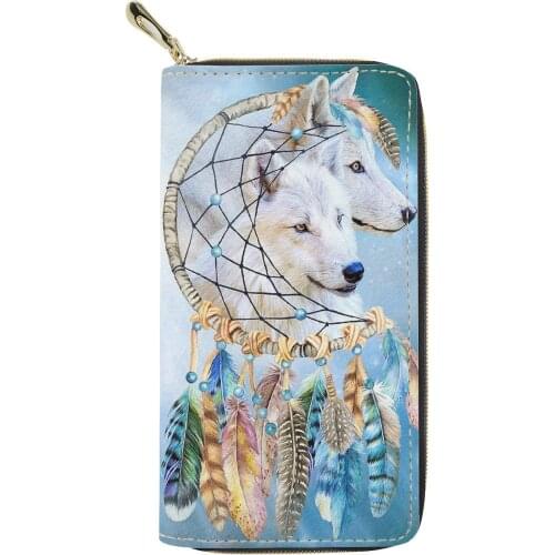 Fashion Womens Wallet Wolf Dreamcatcher Printing PU Leather Women Purse Card Holder Lightweight Zipper Long Coin Purse for Lady