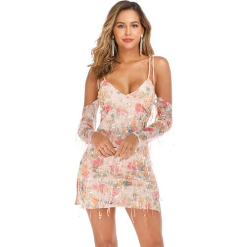 Hot Selling Printing Flower Sweet Braces Skirt With Fringed Sequin Summer Short Dress