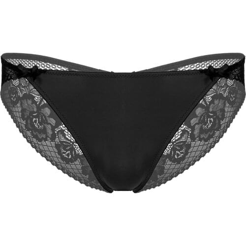 Mens Flower Pattern Lace Back Erotic Lingerie Sissy Underwear Crotchless Briefs Underpants Bowknot Elastic Waistband Panties