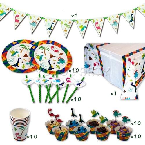 52Pcs for 10kids Dinosaur Dino birthday party supplies tableware set, plate+cup+straw+banner+tablecover ect