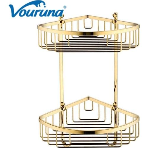 VOURU Luxurious Golden Solid Brass Bathroom Corner Storage Tub And Shower Caddy Basket