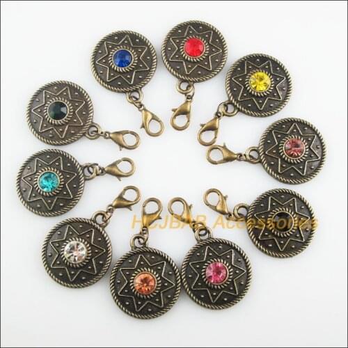 10 New Star 22x26.5mm Charms Mixed Round Crystal Antiqued Bronze Tone Retro With Lobster Claw Clasps