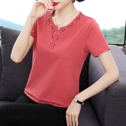 353 Summer Women T-Shirts All-Match Elegant Simple Design Mature-Style Loose Floral Embroidery Button Slim-Fit Short Sleeve Tees