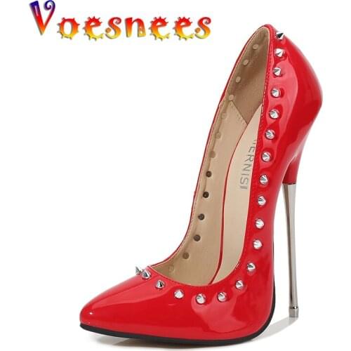 Voesnees Womens Shoes Pumps 2021 New Patent Leather Super High Heels16cm Point Toe shallow mouth Rivet Thin Heels Ladies Shoe