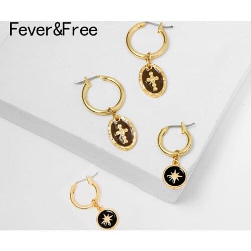 Fever&Free Vintage Gold Small Hoop Earrings Round Black Cross Women Korea Earrings Fashion Brinco Jewelry For Birthday Gift 2019