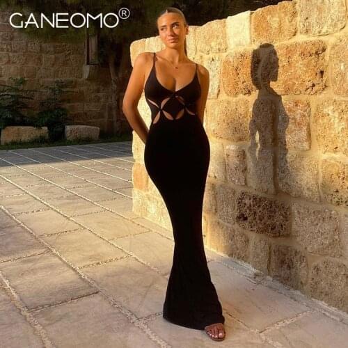 Elegant Hollow Out Bodycon Maxi Dresses Women Summer Spaghetti Strap Black Party Birthday Evening Prom Long Dress Femme Robe