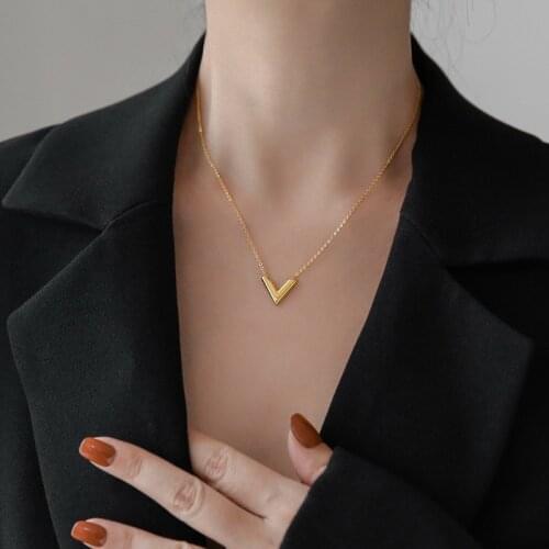 CANZE Korea S925 Silver Women V Necklace Vintage Personality Letter Clavicle Chain Necklace Pendant