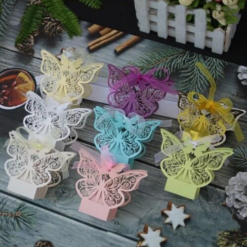 10Pcs Butterfly Hollow Carriage Favors Box Gifts Candy Boxes With Ribbon Baby Shower Wedding Birthday Party Supplies
