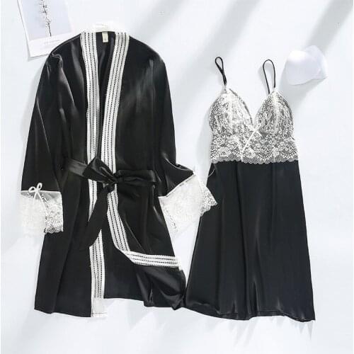 Black Lace Trim Women 2PCS Night Suit Spring Summer Faux Silk Kimono Bathrobe Gown Sexy V-Neck Mini Nightdress Casual Sleepwear