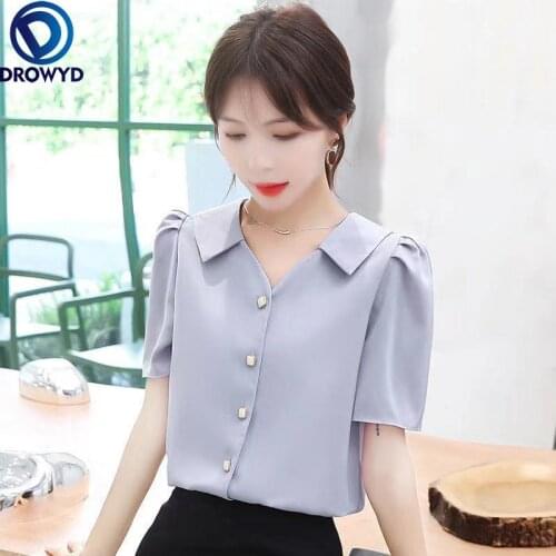 2021 Purple Short-Sleeved Shirt Womens Summer New V-neck Loose Slimming Elegant Pearl Buckle Fashion Chiffon Blouses for Women