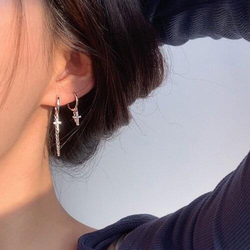 925 Sterling Silver Earring Fashion Design Zircon Chain Cross Long Drop Earring Personality Trendy Women Girl Boy Ear JeweLRY