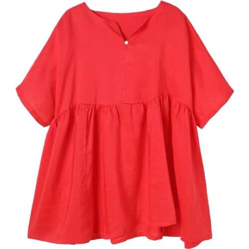 Summer Cotton Linen Batwing Sleeves Pleated Sweet Tops Women 2020 Big Size 5XL Loose Blouse Ladies Girls Shirts Button 5 Colors