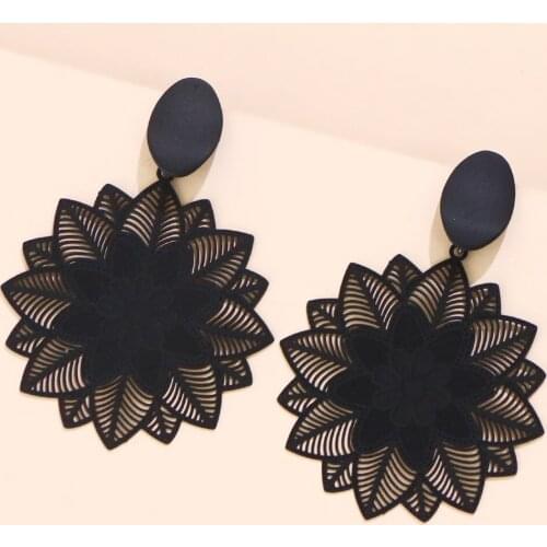 Bohemian Hollow Big Black Flower Pendant Earrings For Women Exaggerated Retro Personality Cерьги Wedding Party Jewelry Wholesale