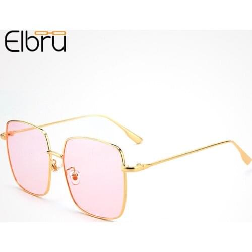 Elbru Fashion Oversized Square Sunglasses Vintage Metal Sunshades Brand Designer Sun Glasses Retro Colorful Eyewear For Women