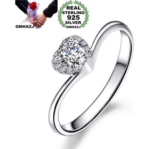 OMHXZJ Wholesale Personality Fashion OL Woman Girl Party Wedding Gift White Heart AAA Zircon 925 Sterling Silver Ring RN129