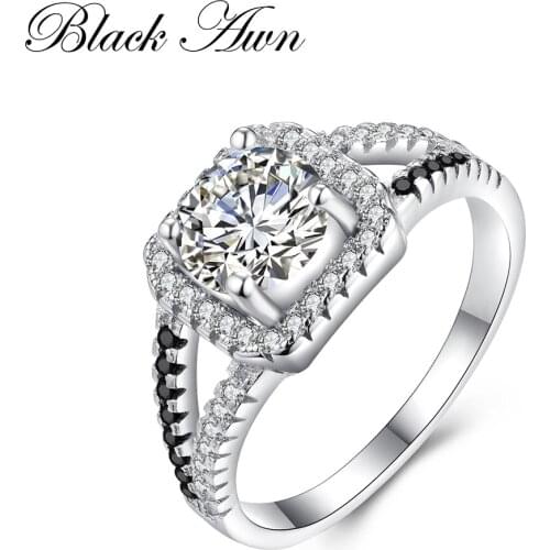 [BLACK AWN] Wedding Rings for Women Genuine 925 Sterling Silver Jewelry Black&White Stone Square Femme Ring Bijoux Bague C218