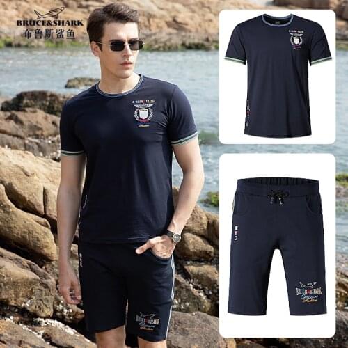 New Summer Bruce &Shark Trend Mens Setting 2 piece Short Stretching Cotton Top quality Nice Design Men Sport Suit Casual run