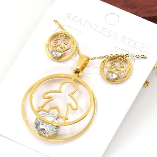 Cute necklace Stainless Steel Party gift,Human form Big Zircon Pendant Necklace earring Set EV-G137