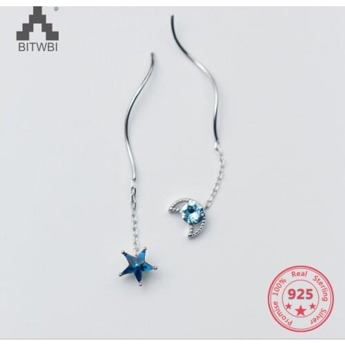 Fashion Women 925 Silver Blue Crystal Zircon Star Moon Chain Tassel Drop Earrings Lady Asymmetry Party Earrings Jewelry