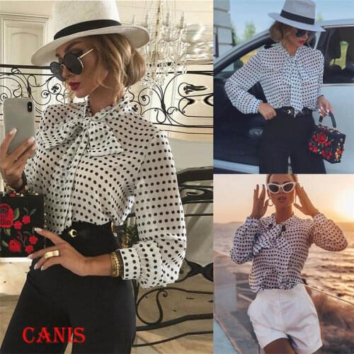 Plus Size S-2XL Autumn Womens Bow Neck Polka Dot Shirt Ladies Casual Long Sleeve Blouse Loose Tee Tops Office Lady