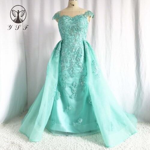 Real Image YSF O Neck Appliqued Lace Short Sleeve Floor Length Mermaid Evening Dresses with Overskirt