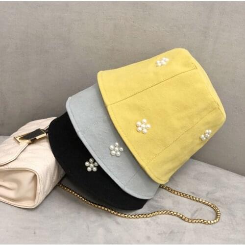 Hat Women Fisherman Hat Spring Summer Korean Style Pearl Flower Basin Hat Street Sweet Black Pink Blue Beige Bucket Hat