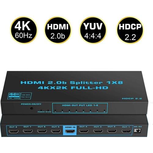 18Gbps 1x8 4K HDMI 2.0b Splitter 1 in 8 Out 8 Port Output with Scalar support HDCP2.2 Compatible for Xbox PS4