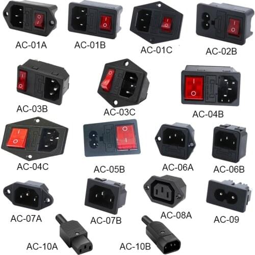 3 Pin IEC320 C14 C15 Electrical Socket LED 250V Rocker Switch Brass 10A Fuse Female Male Inlet Plug Pin Connector Computer Mount