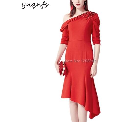 YNQNFS E47 Women Elegant Asymmetrical Skirt Lycra Satin Crystal One Shoulder Half Sleeves Red Evening Dress Short 2019