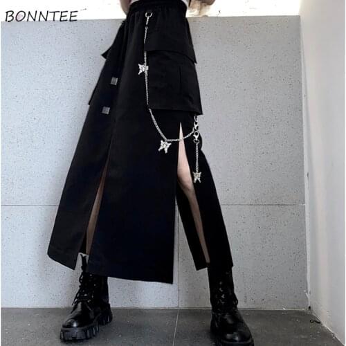 Skirts Women Harajuku Black Oversize Trendy Empire Street Style Lady Skirt All-match Spring Pockets Solid Mid-Calf Elastic Waist