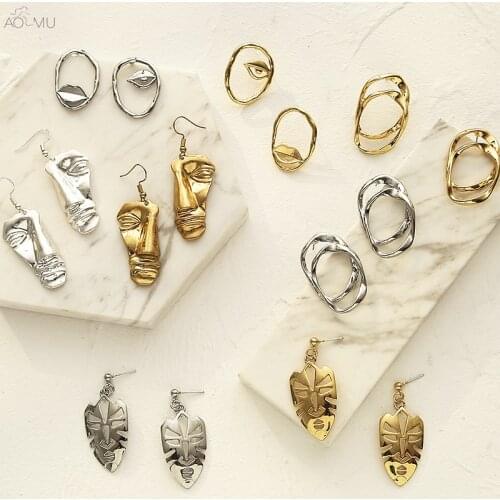 AOMU 2020 New Personality Punk Irregular Twisted Face Mask Eye Lips Metal Stud Earrings for Women Gifts Party Trendy Jewelry