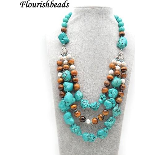 Multi Rows Blue Turquoise Freeform and Tiger Eye Round Beads Linked Necklace Fashion Woman wedding party Jewelry