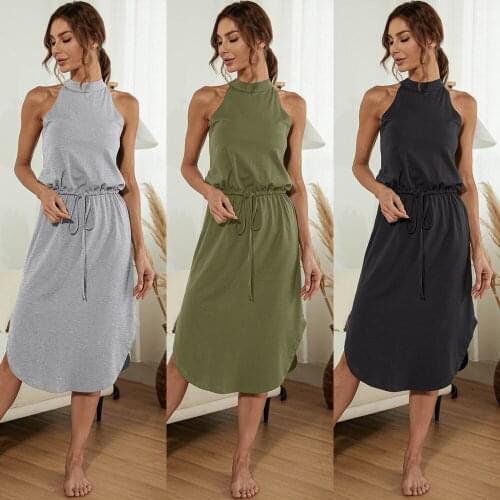 Sexy Halter Off Shoulder Summer Dress Women Casual Solid Sleeveless Backless Elastic Waist Lace Up Irregular Split Midi Dresses