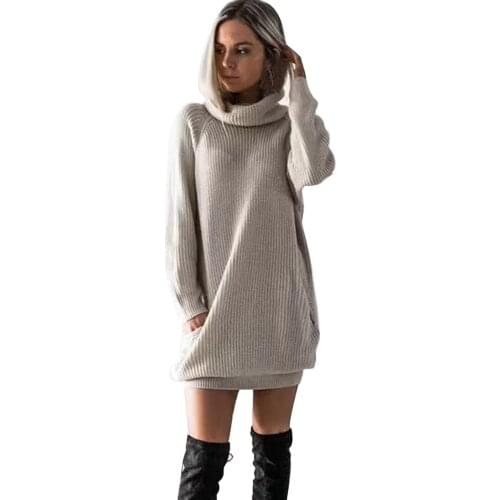 Womens Long Sleeve Turtleneck Knitted Dress Roll Neck Jumper Dress Solid Color Ladies Mini Dress Roupas Feminina #G3