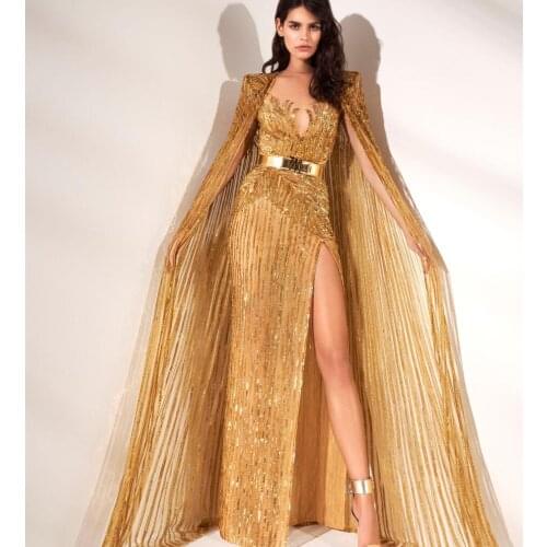 Luxury Gold Evening Dress with Wrap 2020 Beading Sequins Mermaid Prom Party Gowns High Split Custom Made Robe De Soirée