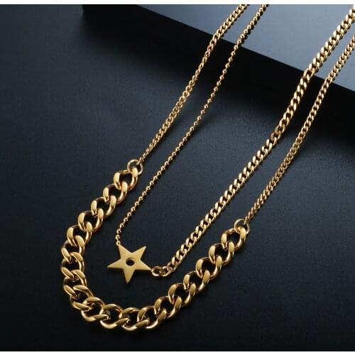 ZMFashion Vintage Multilayer Star Cuban Link Chain Necklace Stainless Steel Punk Clavicle Choker Layered Jewelry For Women Men
