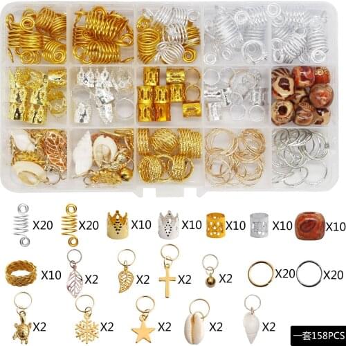 Dreadlocks Beads Metal Hair Cuffs Hair Rings Shell Charms Hair Coils Braiding Hair Pendants Decoration Clips 158pcs