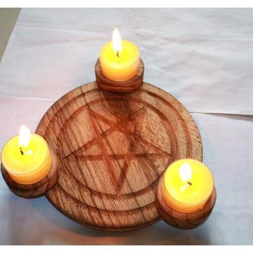 Astrology Pentagram wood Candlestick table Pentacle altar plate Candle holder wooden Divination Wicca ceremony Accessorie