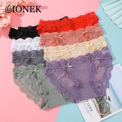 BIONEK Womens Underwear Panties Sexy Lace Lingerie Bow Medium Waist Ladies Underpants Sexy Female Underpants Intimate Briefs