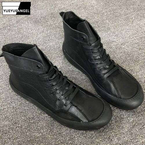 Winter Mens High Top Casual Genuine Leather Ankle Boots Lace Up Flats Sneakers Shoes 2019 New Joggers Biker Safety Boots Black