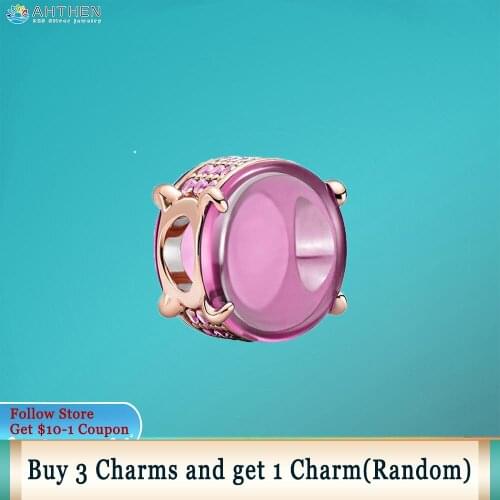 Ahthen 925 Sterling Silver Beads Pink Oval Cabochon Charm fit Original Pandora Bracelets for Women Jewelry Making Birthday Gift