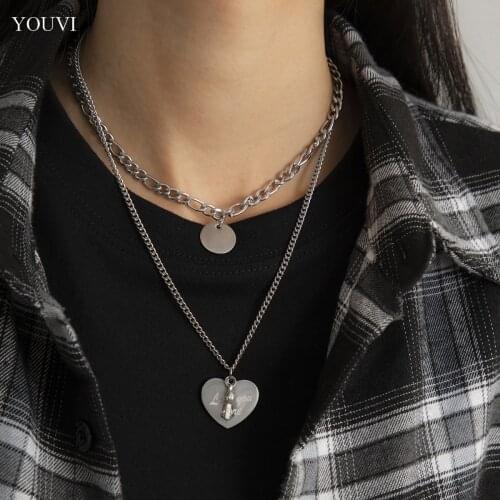 YOUVI Goth Heart Stainless Steel Chain Necklace for Women Men Vintage Heart Key Pedants Necklace Jewelry Charm Choker Collar