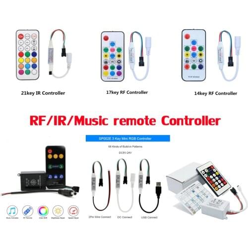 DC5V-24V SP002E SP103E SP106E RF/IR/Music remote/Dimmer Controller for ws2812B ws2811 Led Pixels Strip USB powered DC Connector