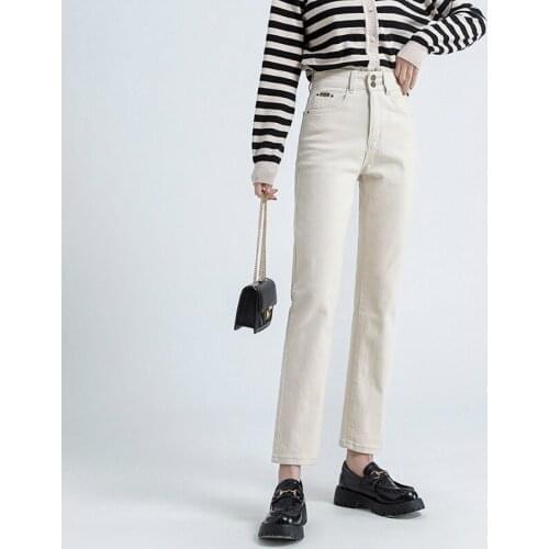 Female Jeans Woman Beige Color Fashion Pants High Waist Two Buttons Beige Jeans Spring Casual Straight Denim Ankle Length Women